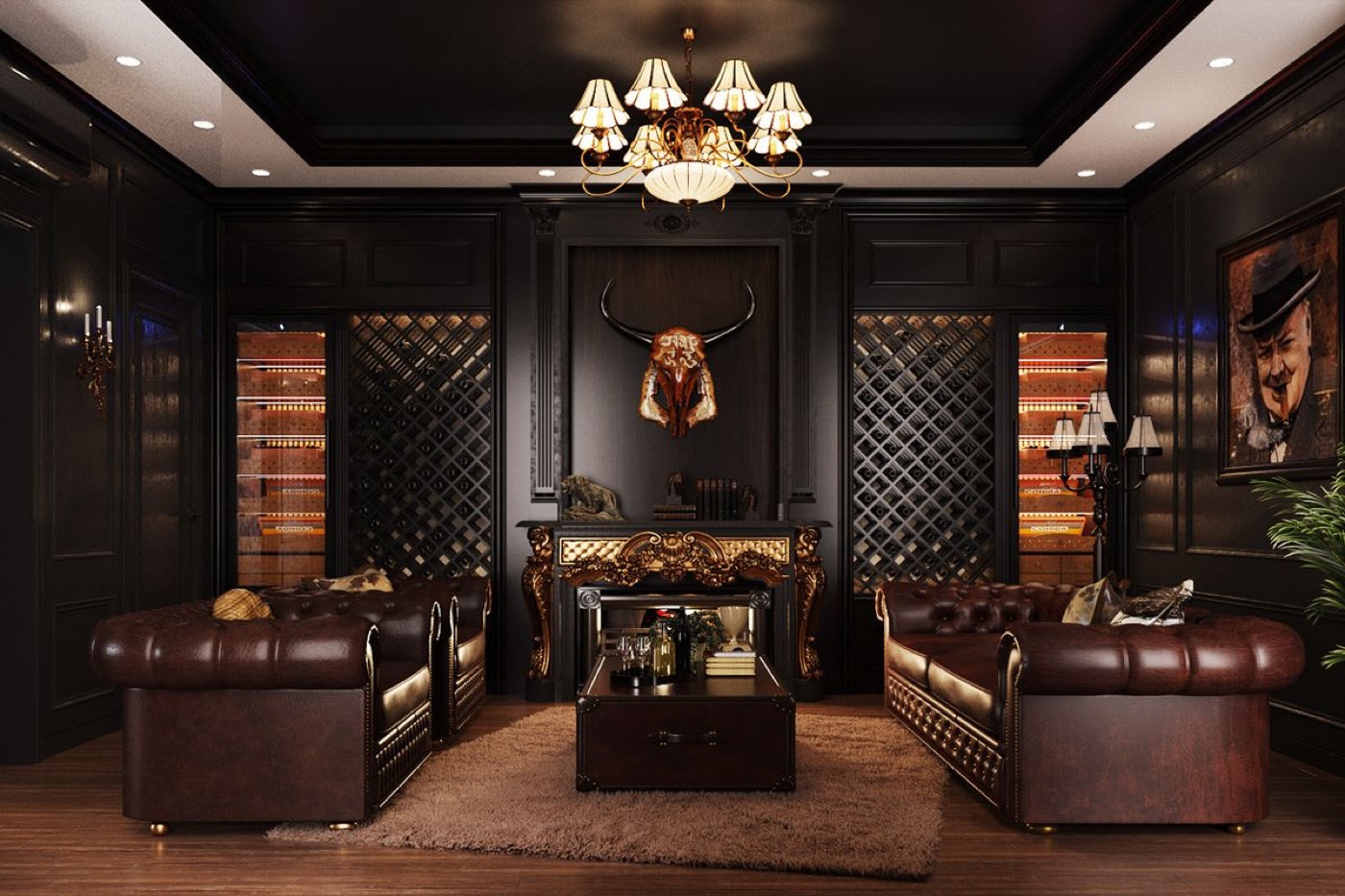 Salón con sofás Chesterfield bajo un candil.